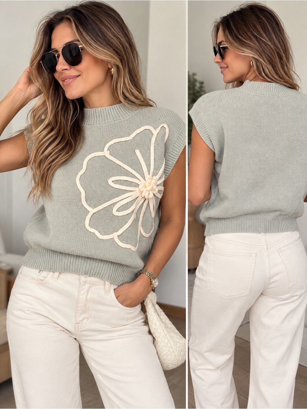 Sage Green Floral Appliqué Sweater Knit Mock Neck Short Sleeve Size XS